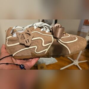 NWT Naked Wolfe Brown and Cream Sneakers with Ribbon Detail